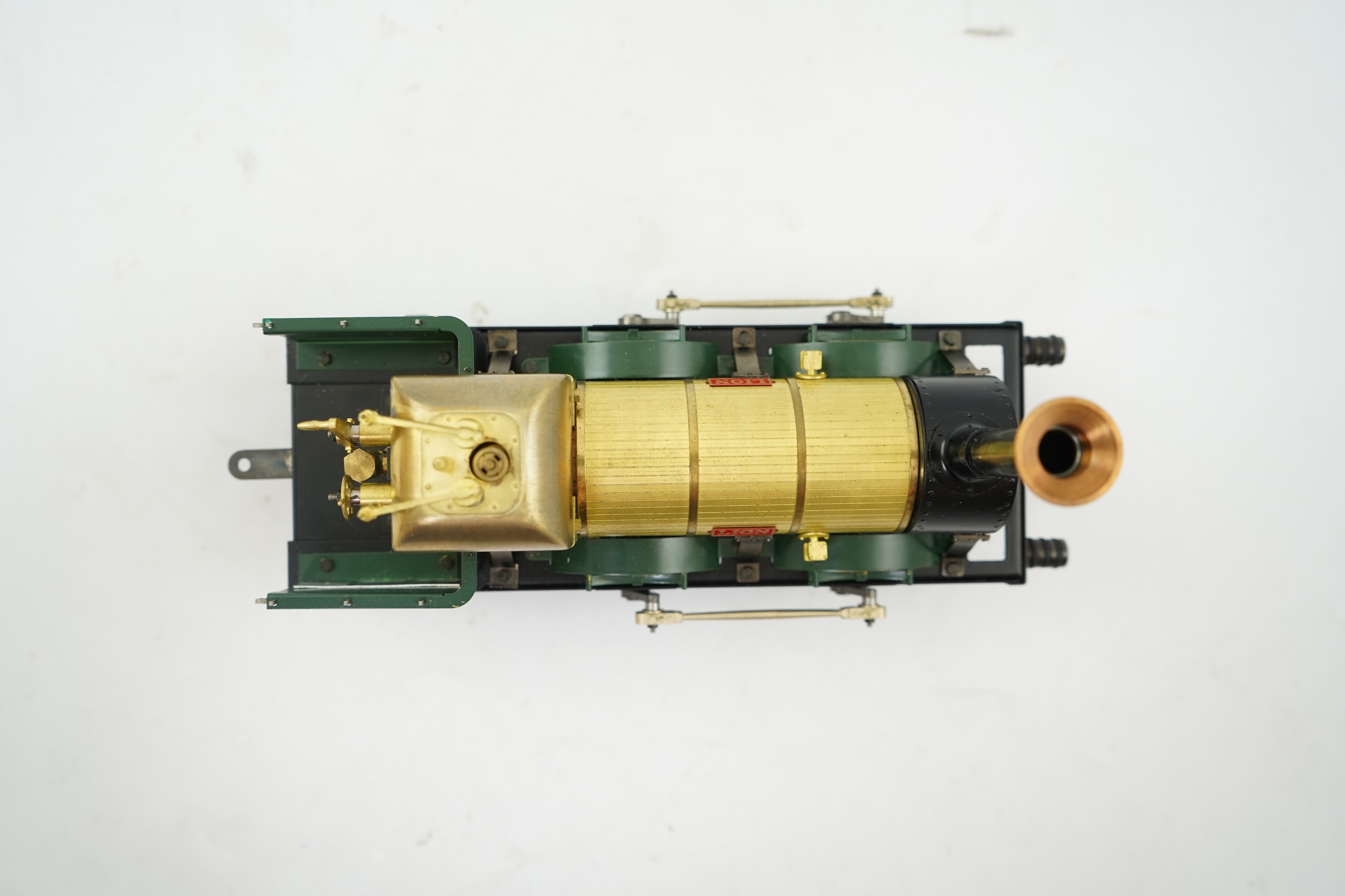 A Gauge One Aster Hobbies live steam L&M Lion, 0-4-2 locomotive, missing tender, with spirit fired slip eccentric single cylinder motion.